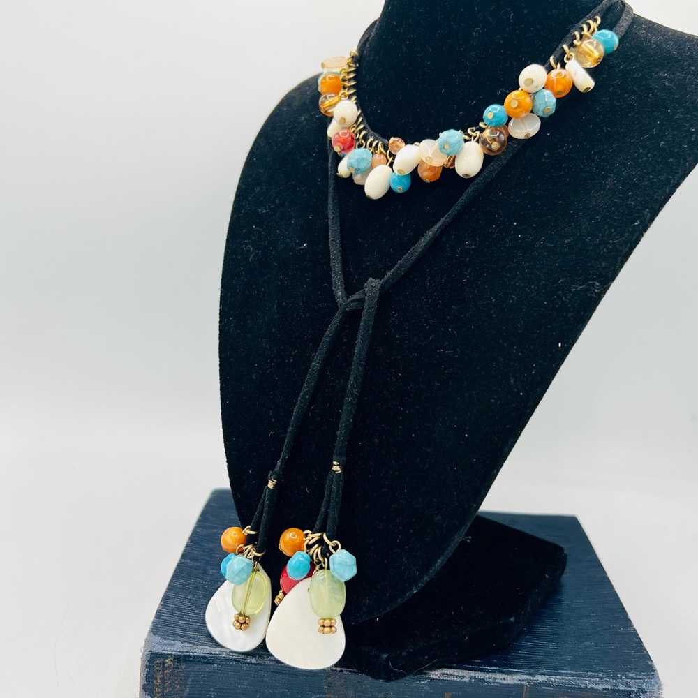 Lariat style beaded boho leather cord artisan beaded necklace or belt